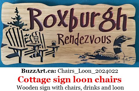 Wooden sign with chairs, drinks and loon